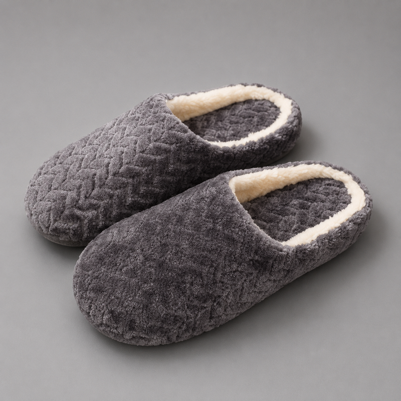 Unisex fluffy indoor slippers with a soft cloth upper, plush lining and lightweight slip-on design, featuring a non-slip cushioned sole for warm, comfortable indoor wear during autumn and winter.