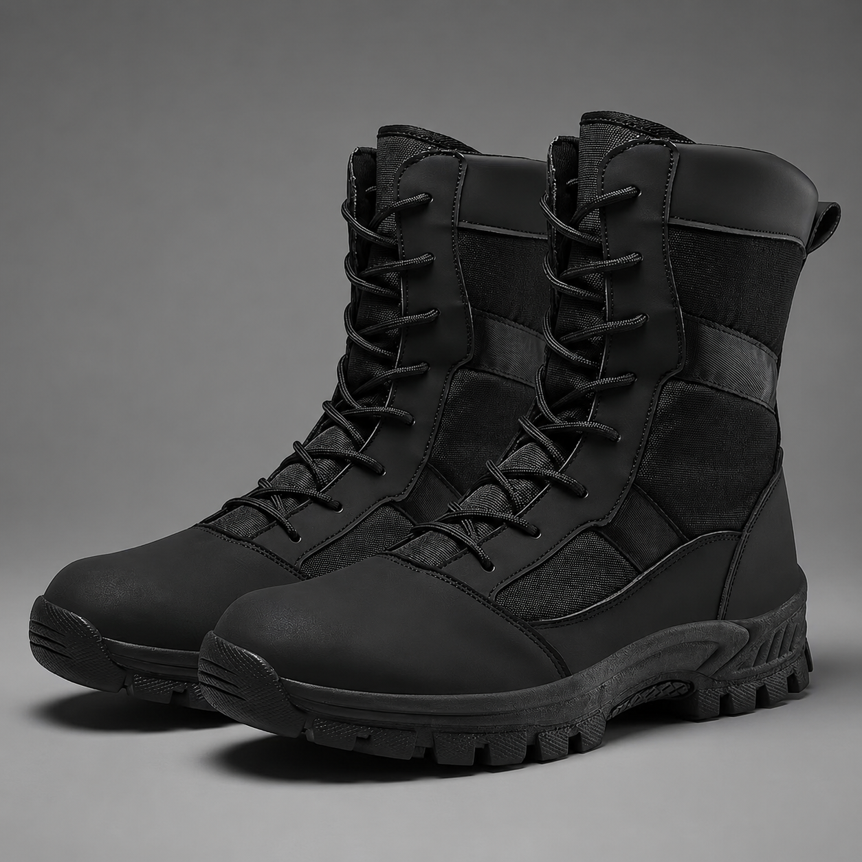 Unisex high-top hiking boots with a waterproof PU and fabric upper, lace-up fastening, breathable textile lining, lightweight EVA midsole and slip-resistant TPR rubber outsole for hiking, trekking, camping, walking and everyday outdoor wear.