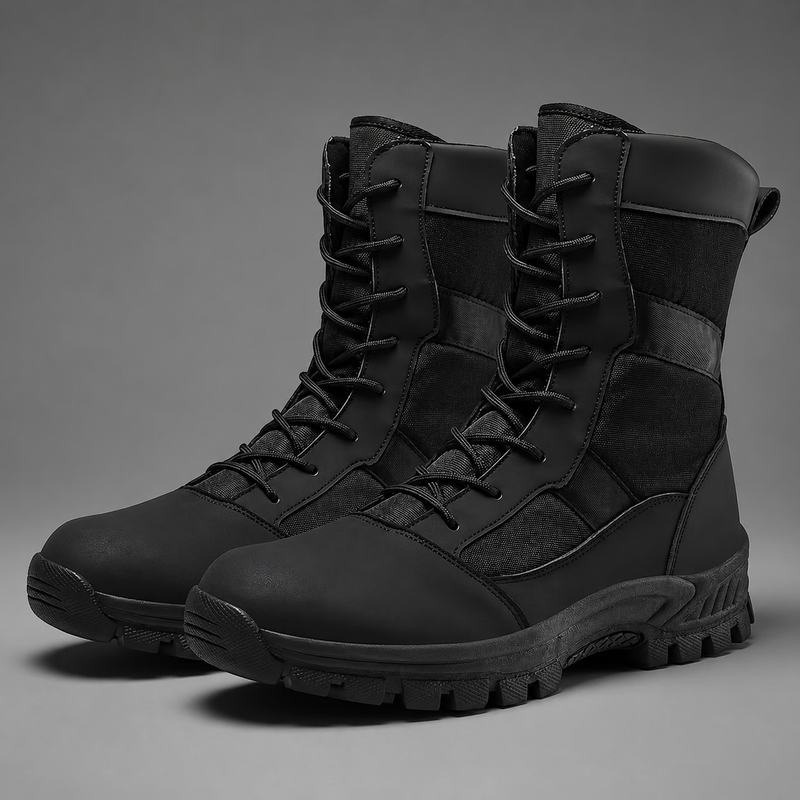 Unisex high-top hiking boots with a waterproof PU and fabric upper, lace-up fastening, breathable textile lining, lightweight EVA midsole and slip-resistant TPR rubber outsole for hiking, trekking, camping, walking and everyday outdoor wear.