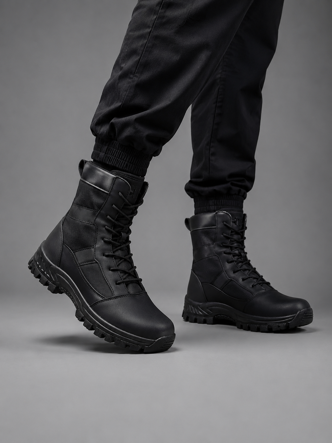 Unisex high-top hiking boots with a waterproof PU and fabric upper, lace-up fastening, breathable textile lining, lightweight EVA midsole and slip-resistant TPR rubber outsole for hiking, trekking, camping, walking and everyday outdoor wear.
