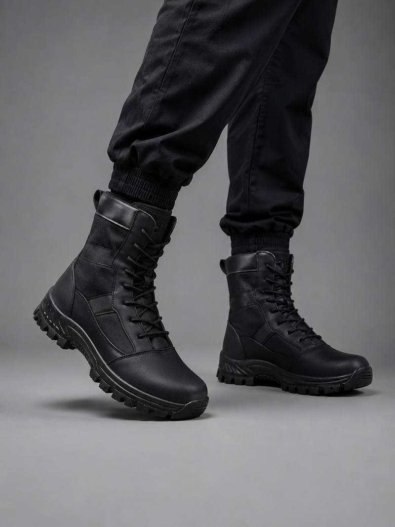 Unisex high-top hiking boots with a waterproof PU and fabric upper, lace-up fastening, breathable textile lining, lightweight EVA midsole and slip-resistant TPR rubber outsole for hiking, trekking, camping, walking and everyday outdoor wear.