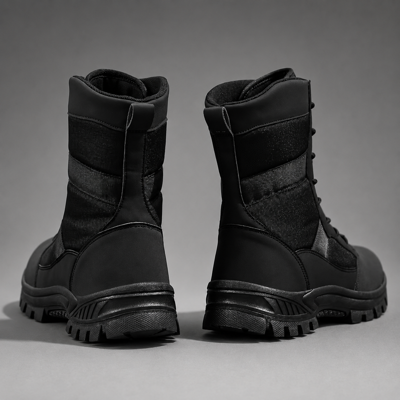 Unisex high-top hiking boots with a waterproof PU and fabric upper, lace-up fastening, breathable textile lining, lightweight EVA midsole and slip-resistant TPR rubber outsole for hiking, trekking, camping, walking and everyday outdoor wear.