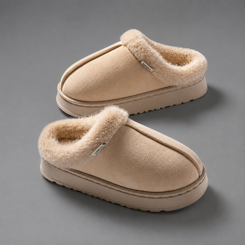 Women's fluffy winter slippers with a plush faux suede upper, soft fleece lining, thick non-slip EVA sole and slip-on design, providing warm, lightweight comfort for indoor wear during autumn and winter.