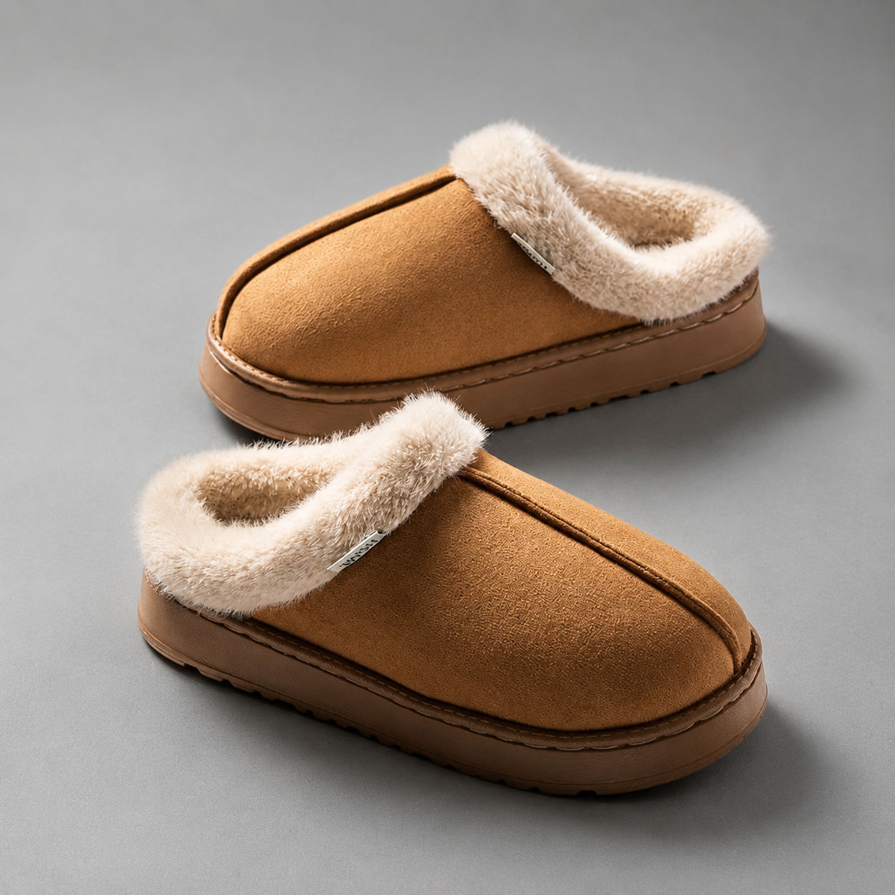 Women's fluffy winter slippers with a plush faux suede upper, soft fleece lining, thick non-slip EVA sole and slip-on design, providing warm, lightweight comfort for indoor wear during autumn and winter.