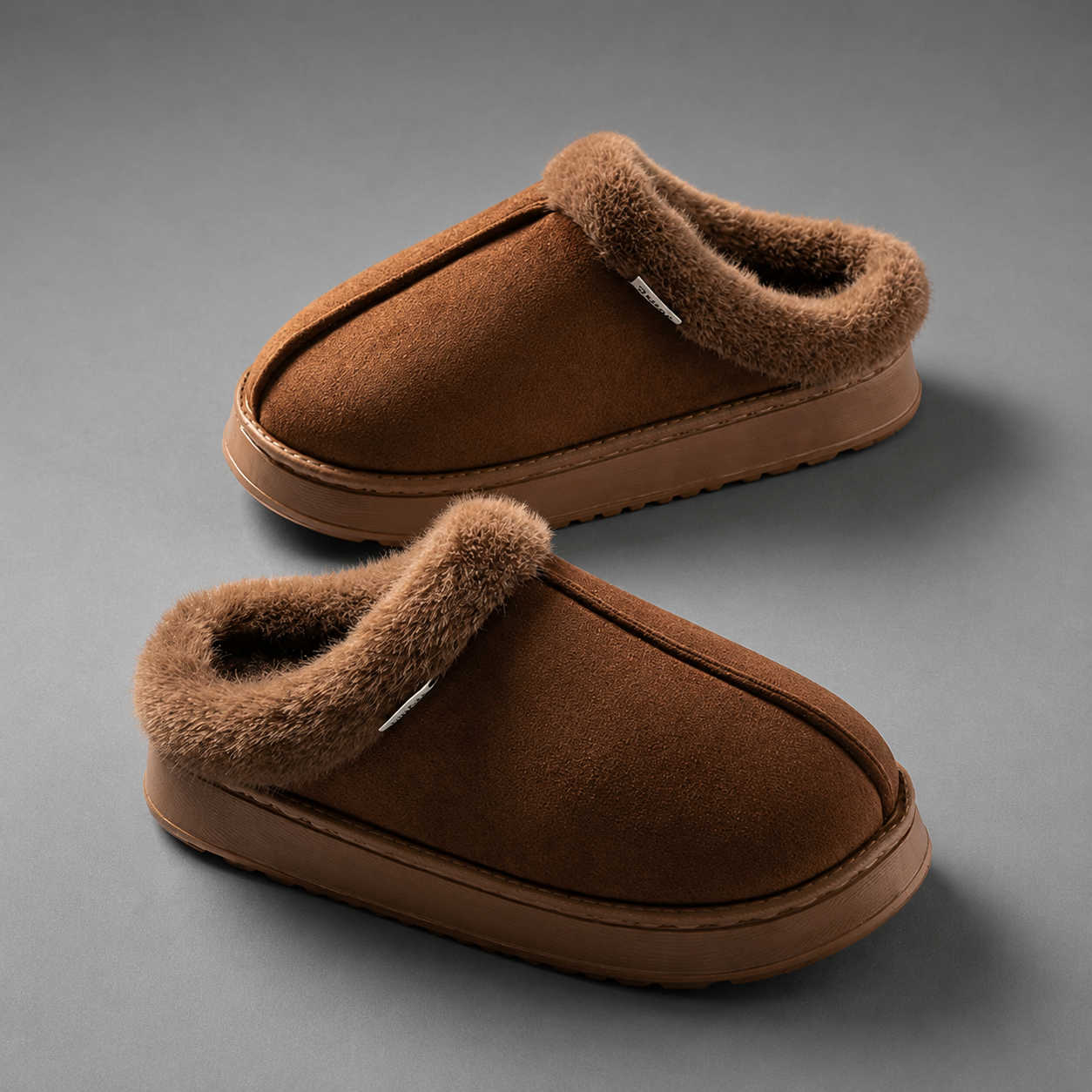 Women's fluffy winter slippers with a plush faux suede upper, soft fleece lining, thick non-slip EVA sole and slip-on design, providing warm, lightweight comfort for indoor wear during autumn and winter.
