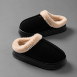 Women's fluffy winter slippers with a plush faux suede upper, soft fleece lining, thick non-slip EVA sole and slip-on design, providing warm, lightweight comfort for indoor wear during autumn and winter.