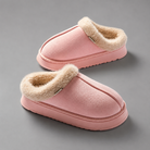Women's fluffy winter slippers with a plush faux suede upper, soft fleece lining, thick non-slip EVA sole and slip-on design, providing warm, lightweight comfort for indoor wear during autumn and winter.