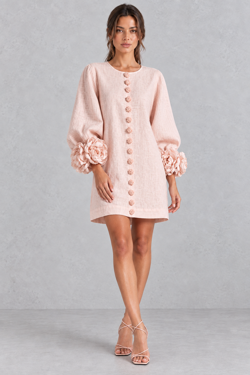 Women’s cotton-linen mini dress with 3D floral detailing, round neckline, long lantern sleeves and a loose A-line silhouette.