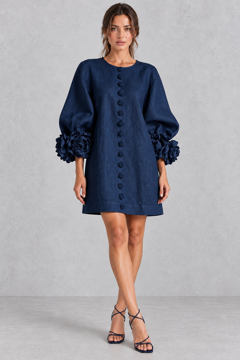Women’s cotton-linen mini dress with 3D floral detailing, round neckline, long lantern sleeves and a loose A-line silhouette.