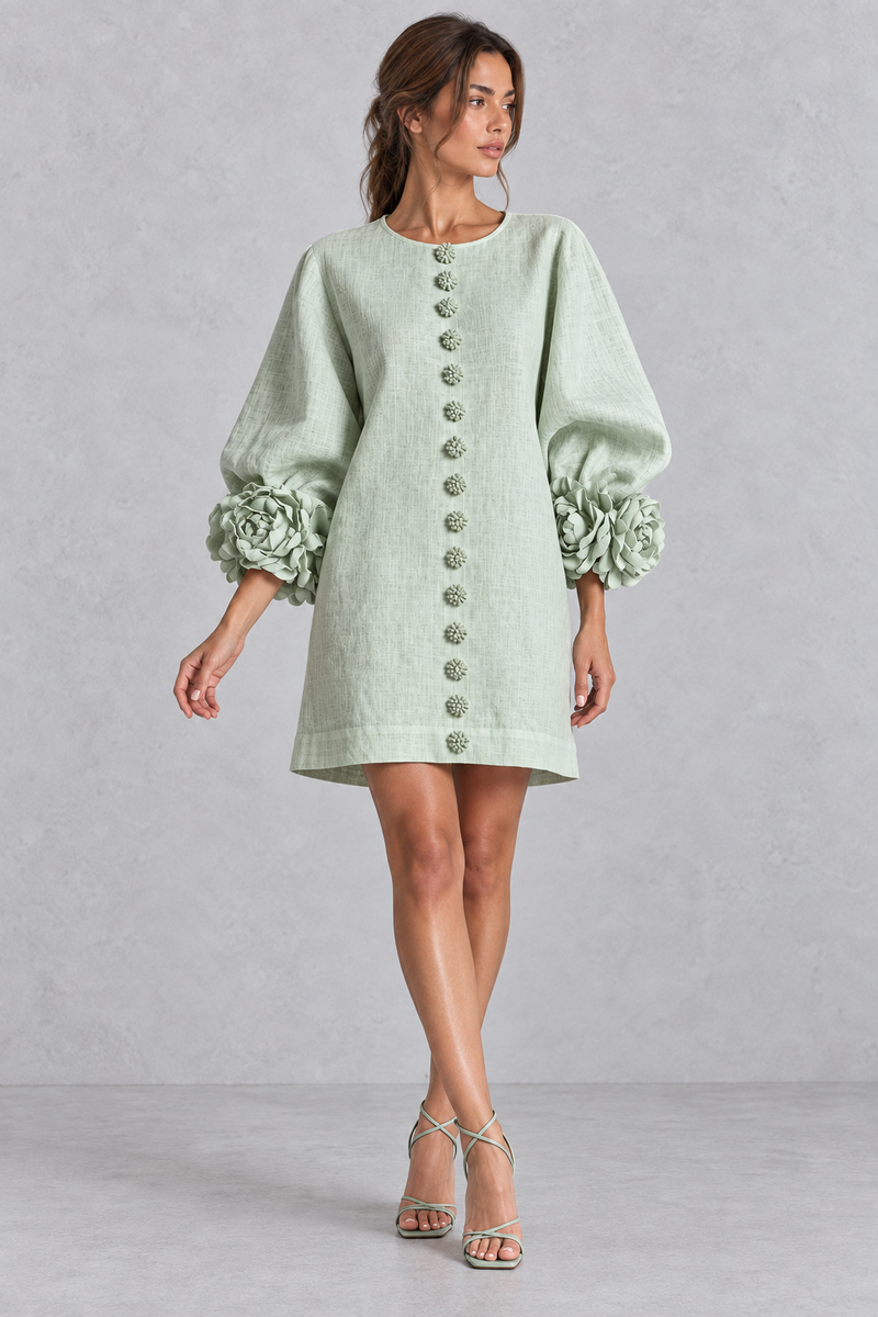 Women’s cotton-linen mini dress with 3D floral detailing, round neckline, long lantern sleeves and a loose A-line silhouette.