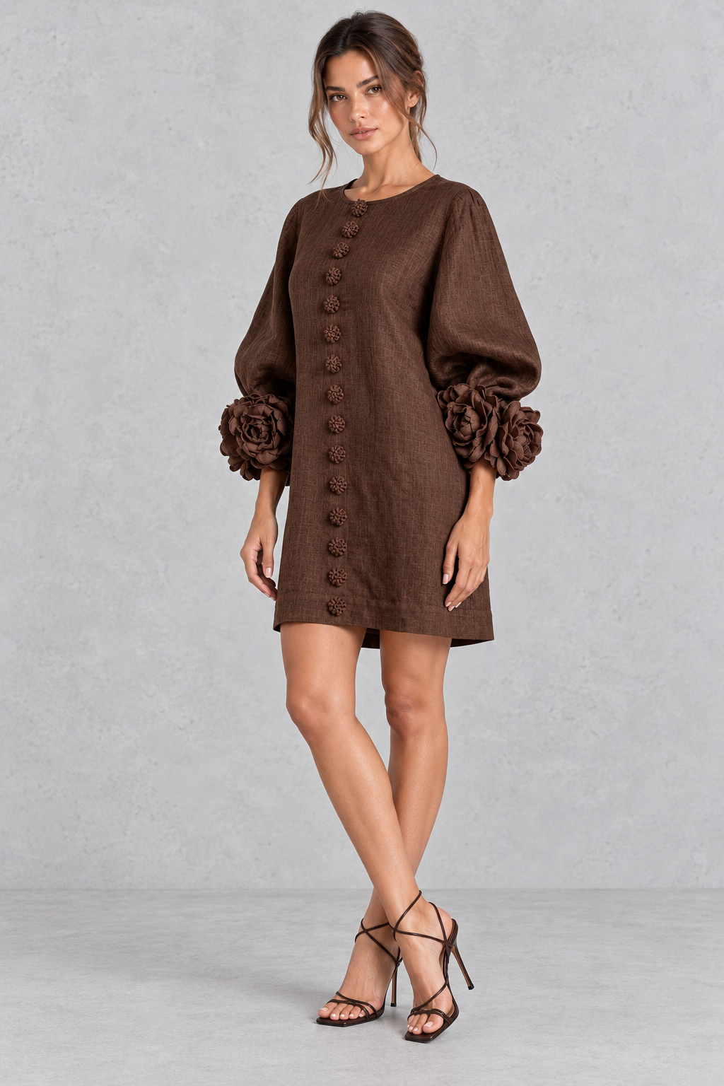 Women’s cotton-linen mini dress with 3D floral detailing, round neckline, long lantern sleeves and a loose A-line silhouette.