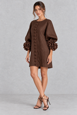 Women’s cotton-linen mini dress with 3D floral detailing, round neckline, long lantern sleeves and a loose A-line silhouette.