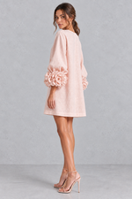 Women’s cotton-linen mini dress with 3D floral detailing, round neckline, long lantern sleeves and a loose A-line silhouette.