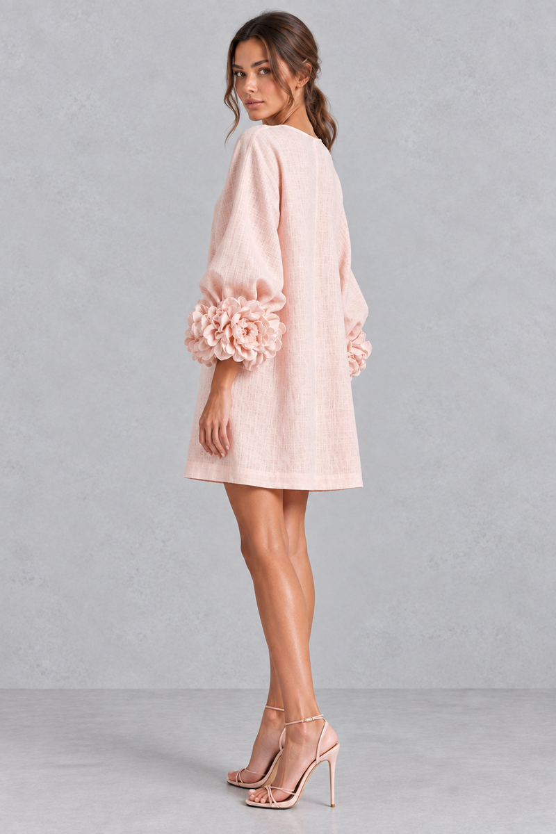 Women’s cotton-linen mini dress with 3D floral detailing, round neckline, long lantern sleeves and a loose A-line silhouette.