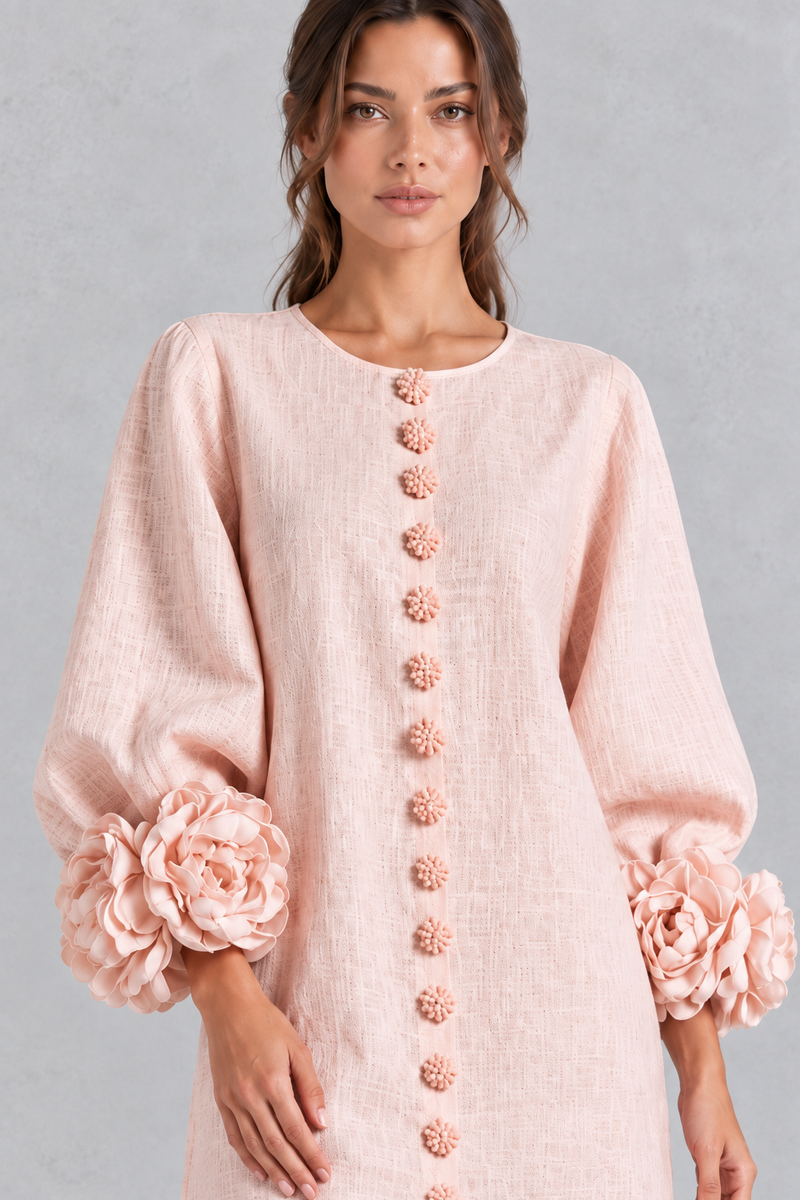 Women’s cotton-linen mini dress with 3D floral detailing, round neckline, long lantern sleeves and a loose A-line silhouette.