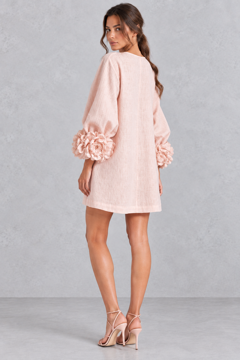 Women’s cotton-linen mini dress with 3D floral detailing, round neckline, long lantern sleeves and a loose A-line silhouette.