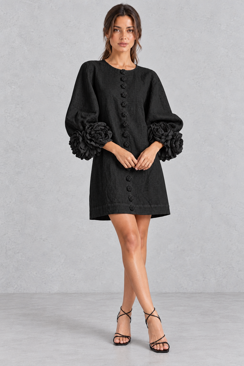 Women’s cotton-linen mini dress with 3D floral detailing, round neckline, long lantern sleeves and a loose A-line silhouette.