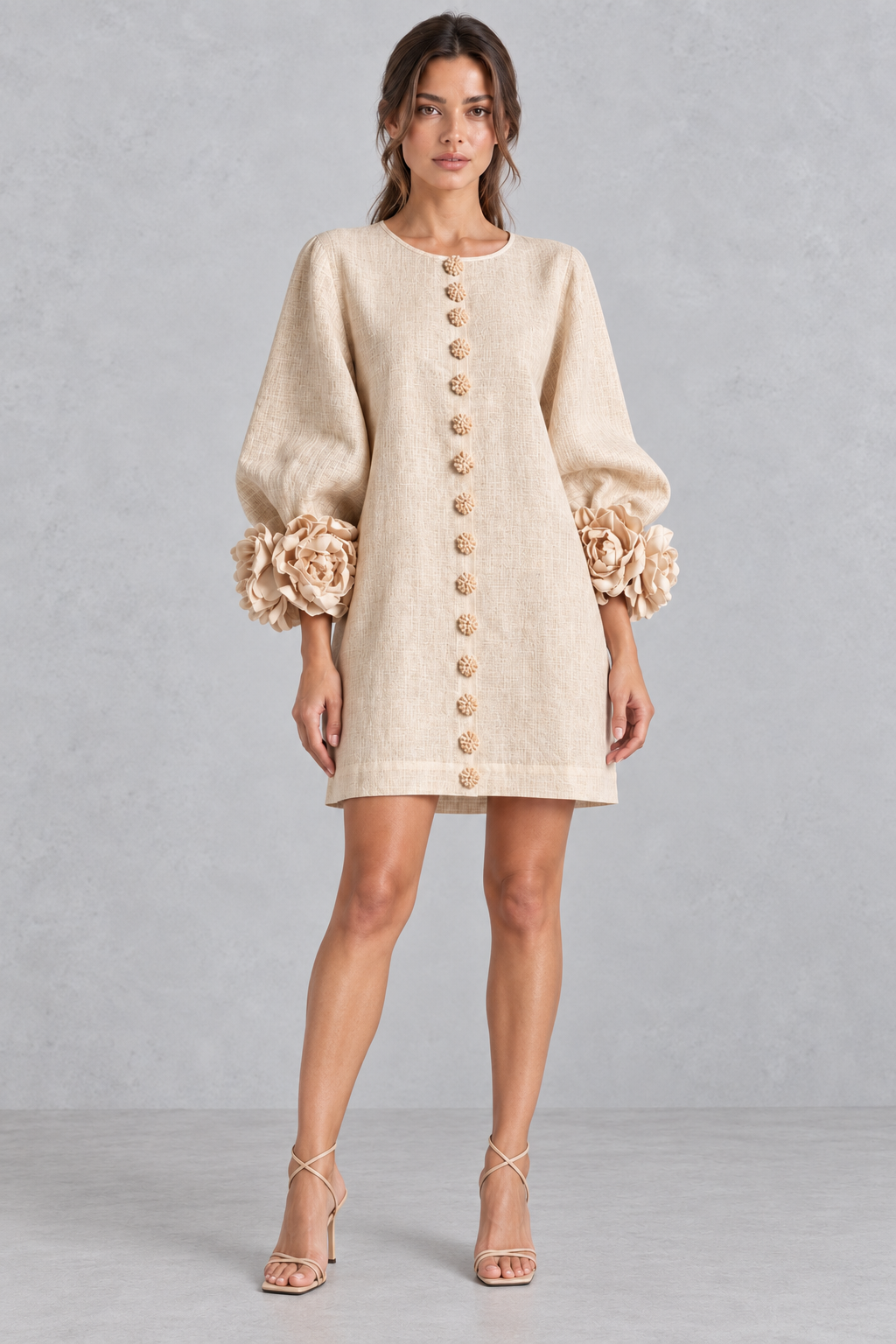 Women’s cotton-linen mini dress with 3D floral detailing, round neckline, long lantern sleeves and a loose A-line silhouette.