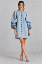 Women’s cotton-linen mini dress with 3D floral detailing, round neckline, long lantern sleeves and a loose A-line silhouette.