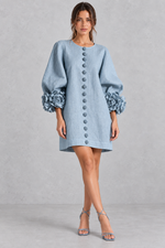 Women’s cotton-linen mini dress with 3D floral detailing, round neckline, long lantern sleeves and a loose A-line silhouette.