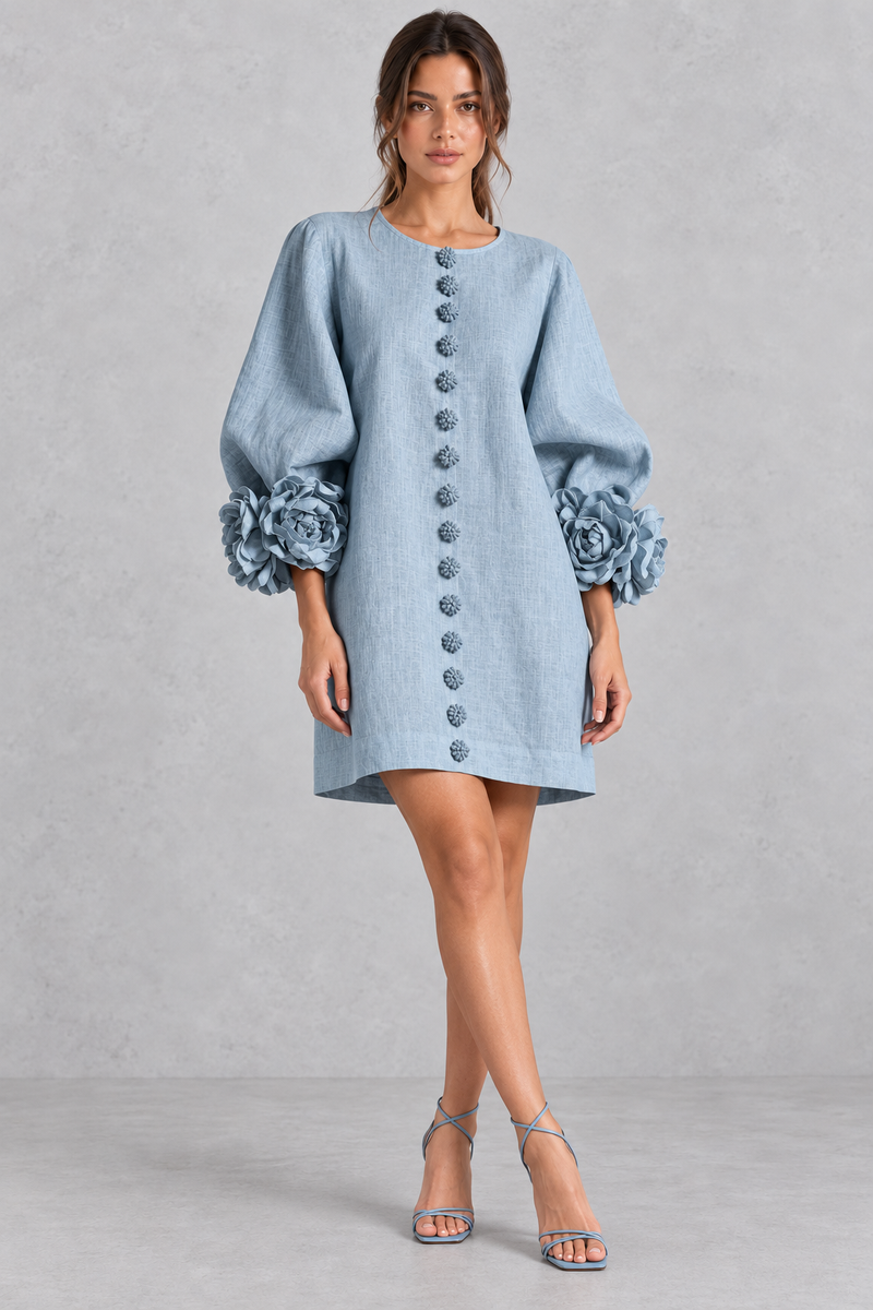 Women’s cotton-linen mini dress with 3D floral detailing, round neckline, long lantern sleeves and a loose A-line silhouette.