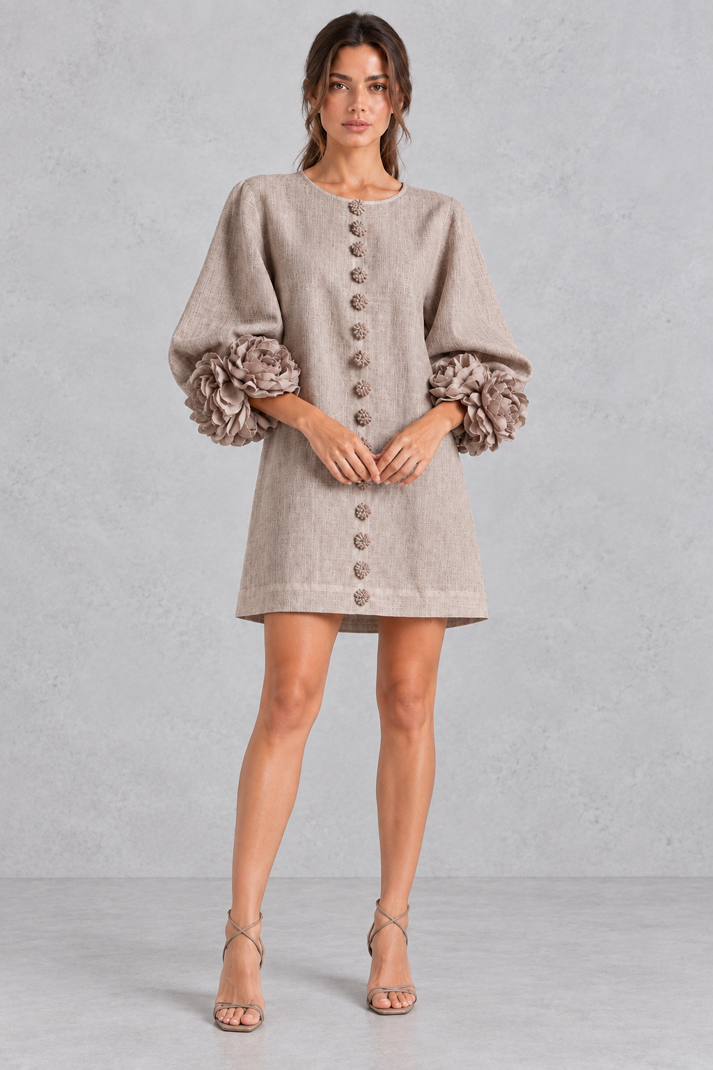Women’s cotton-linen mini dress with 3D floral detailing, round neckline, long lantern sleeves and a loose A-line silhouette.