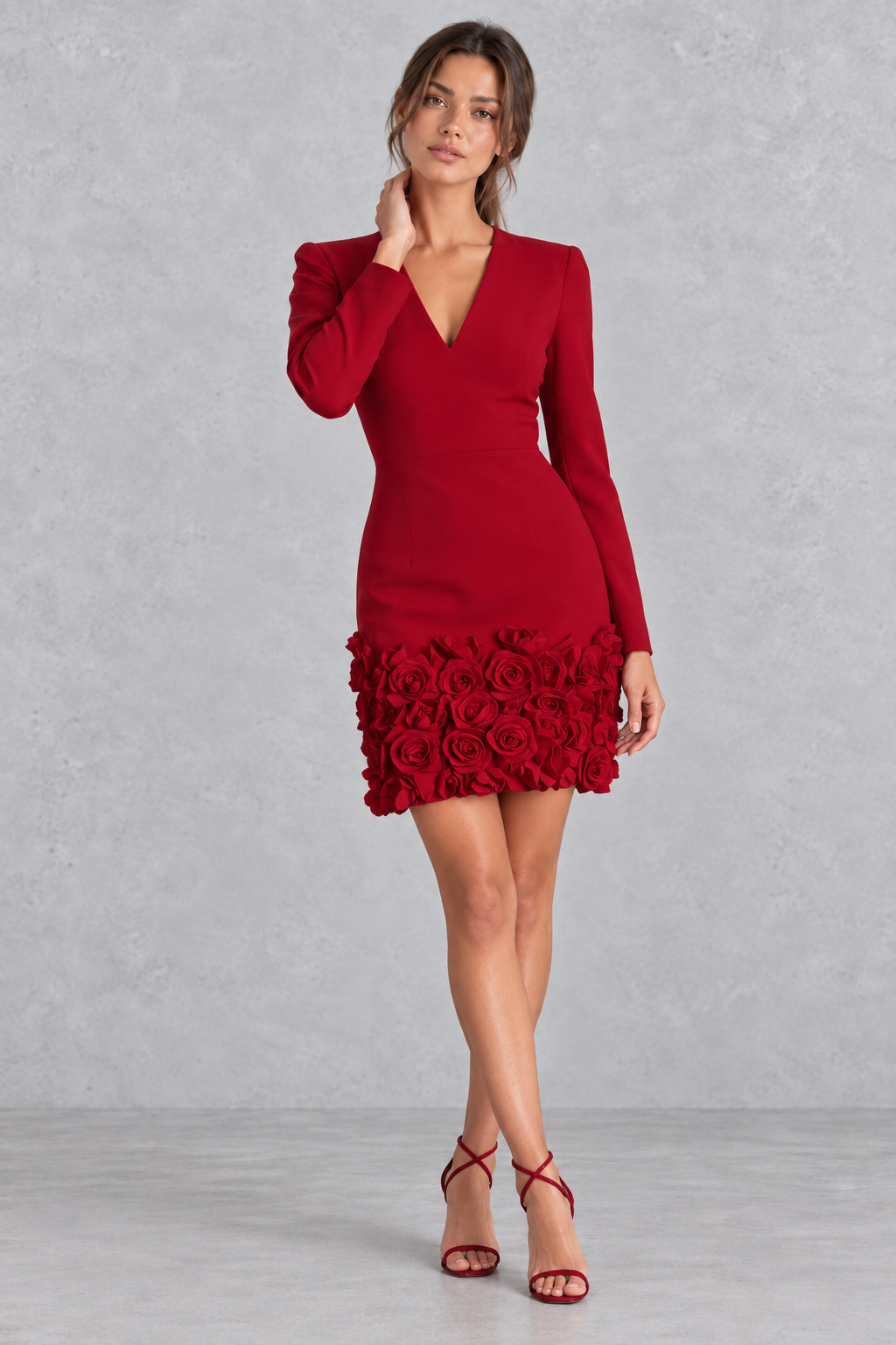 Women’s 3D floral mini dress with V-neckline, long sleeves, high-waisted wrap-style design and feminine flower detailing.