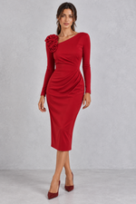 Women’s 3D rose one shoulder midi dress with an asymmetric neckline, long sleeve, ruched waist and fitted bodycon silhouette.