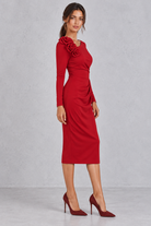 Women’s 3D rose one shoulder midi dress with an asymmetric neckline, long sleeve, ruched waist and fitted bodycon silhouette.