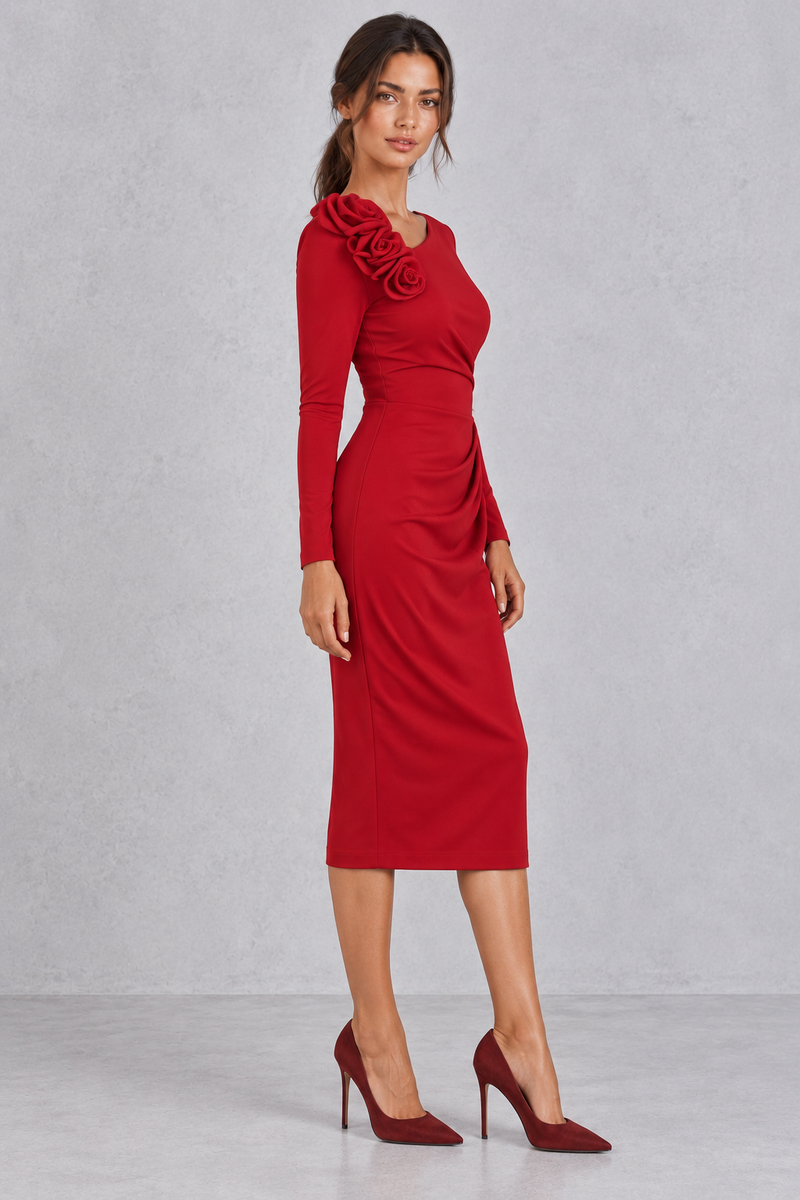 Women’s 3D rose one shoulder midi dress with an asymmetric neckline, long sleeve, ruched waist and fitted bodycon silhouette.