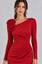 Women’s 3D rose one shoulder midi dress with an asymmetric neckline, long sleeve, ruched waist and fitted bodycon silhouette.