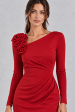 Women’s 3D rose one shoulder midi dress with an asymmetric neckline, long sleeve, ruched waist and fitted bodycon silhouette.