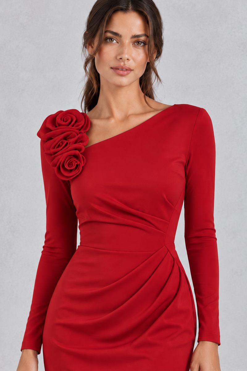 Women’s 3D rose one shoulder midi dress with an asymmetric neckline, long sleeve, ruched waist and fitted bodycon silhouette.