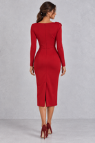 Women’s 3D rose one shoulder midi dress with an asymmetric neckline, long sleeve, ruched waist and fitted bodycon silhouette.