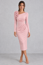 Women’s 3D rose one shoulder midi dress with an asymmetric neckline, long sleeve, ruched waist and fitted bodycon silhouette.