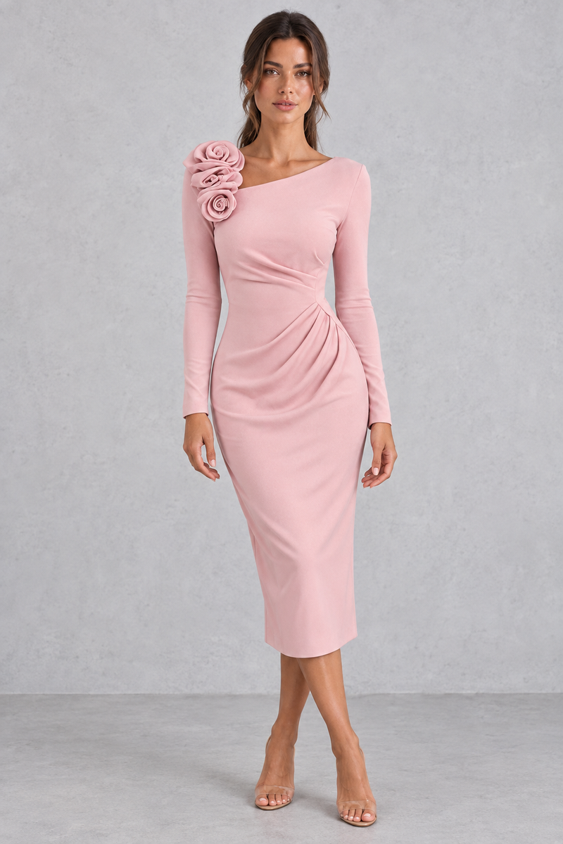 Women’s 3D rose one shoulder midi dress with an asymmetric neckline, long sleeve, ruched waist and fitted bodycon silhouette.
