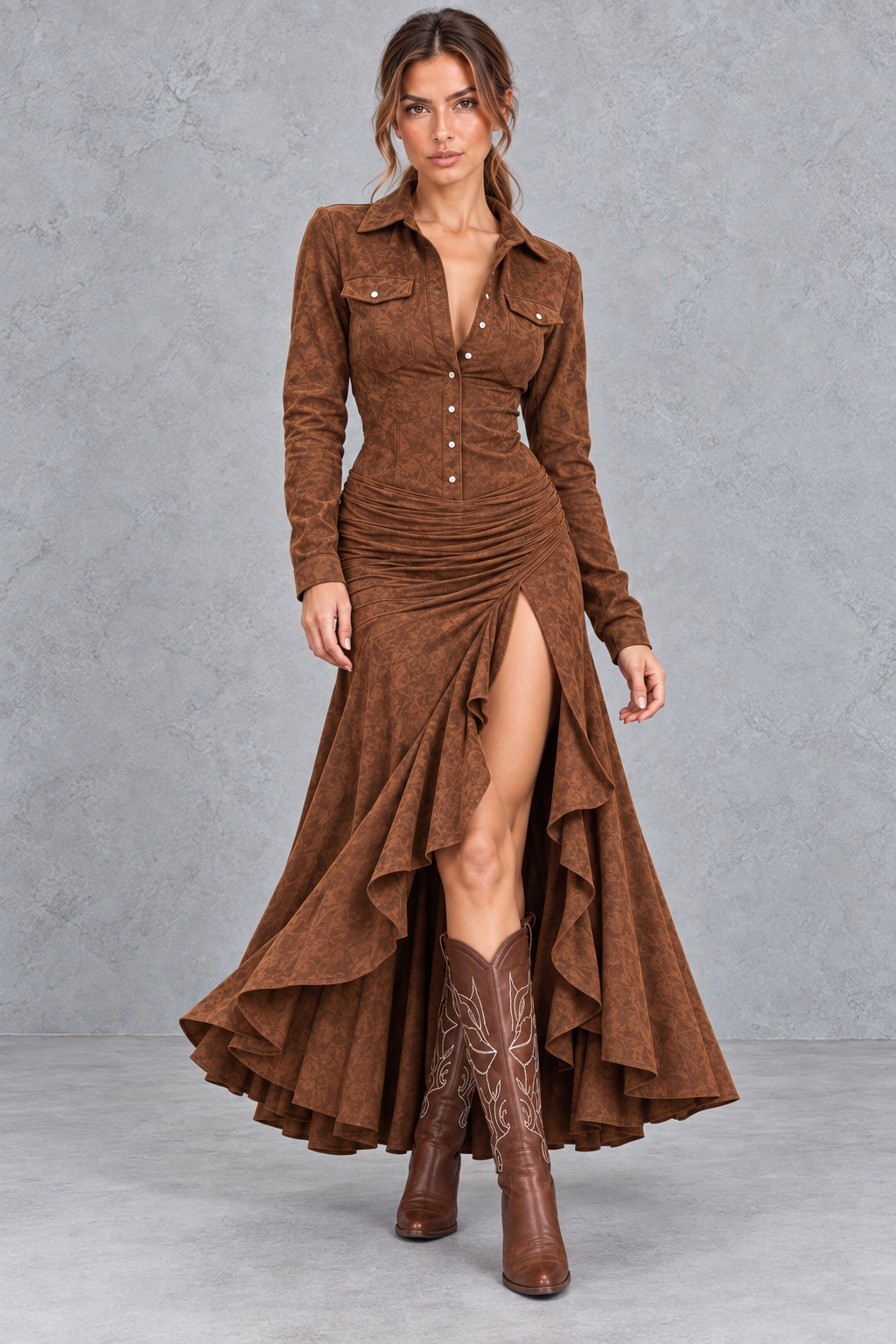 Women’s asymmetric A-line maxi dress with a classic lapel neckline, button detailing, long sleeves and a flowing statement hem.