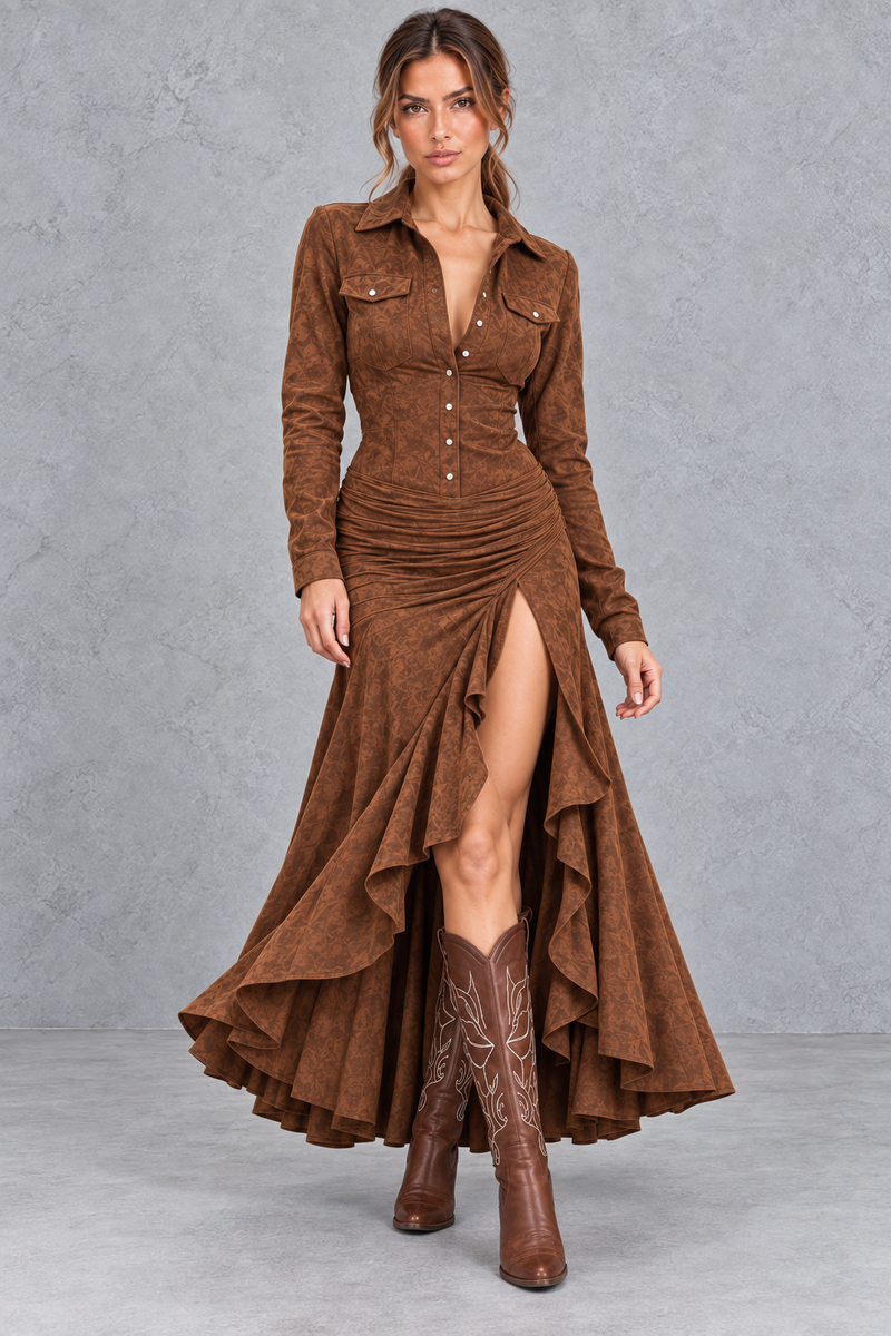 Women’s asymmetric A-line maxi dress with a classic lapel neckline, button detailing, long sleeves and a flowing statement hem.