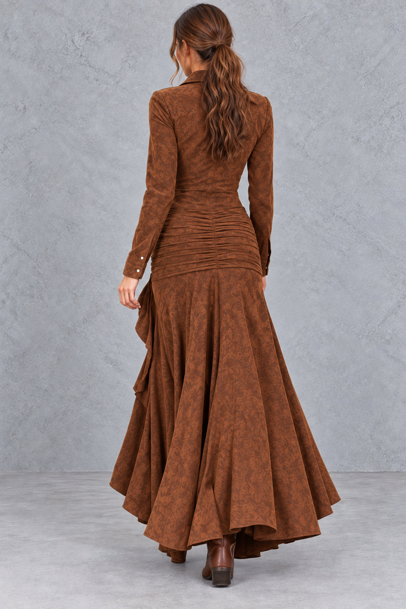 Women’s asymmetric A-line maxi dress with a classic lapel neckline, button detailing, long sleeves and a flowing statement hem.
