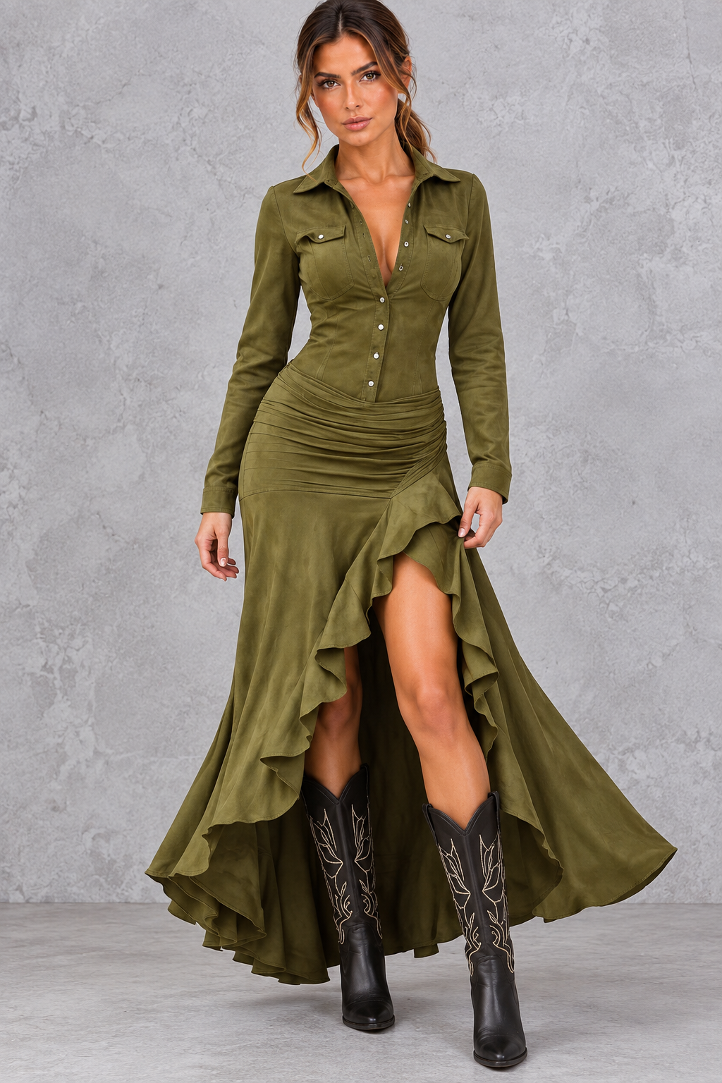 Women’s asymmetric A-line maxi dress with a classic lapel neckline, button detailing, long sleeves and a flowing statement hem.