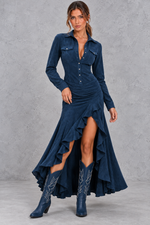 Women’s asymmetric A-line maxi dress with a classic lapel neckline, button detailing, long sleeves and a flowing statement hem.