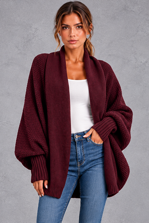 Women's batwing knitted cardigan in Wine Red – front view