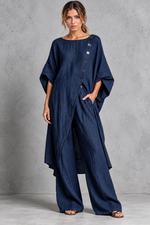 Women's navy blue batwing sleeve tunic and wide leg trouser set – front view