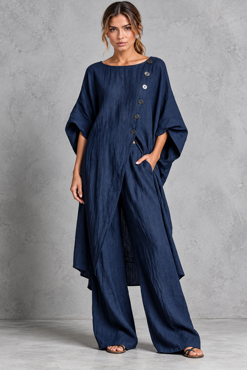 Women's navy blue batwing sleeve tunic and wide leg trouser set – front view