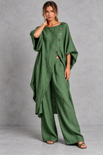 Women's green batwing sleeve tunic and wide leg trouser set – front view