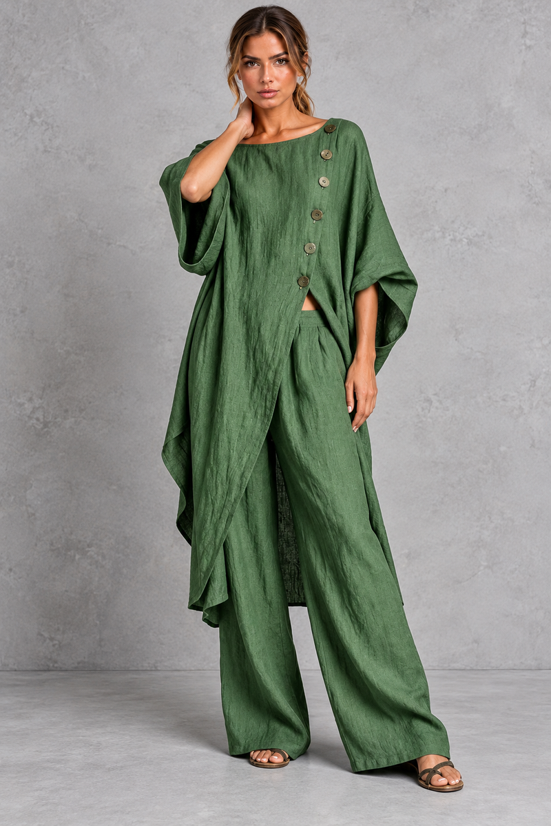 Women's green batwing sleeve tunic and wide leg trouser set – front view
