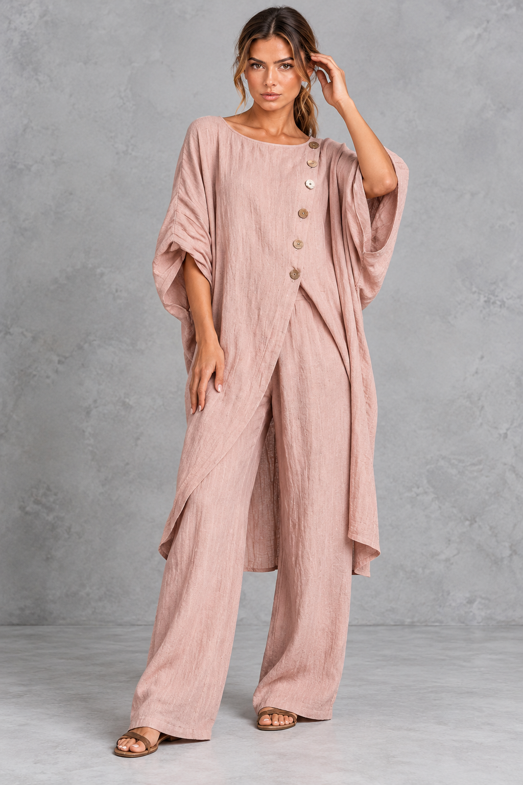 Women's rose batwing sleeve tunic and wide leg trouser set – front view