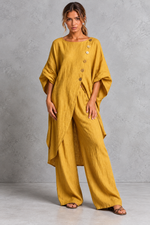 Women's yellow batwing sleeve tunic and wide leg trouser set – front view