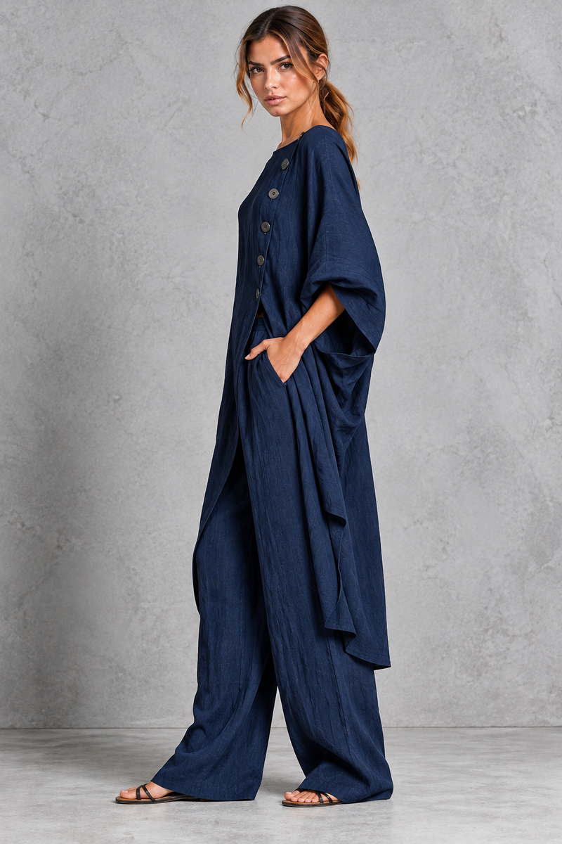 Women's navy blue batwing sleeve tunic and wide leg trouser set – side view