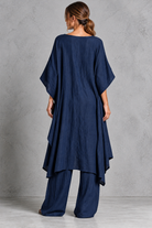 Women's navy blue batwing sleeve tunic and wide leg trouser set – back view